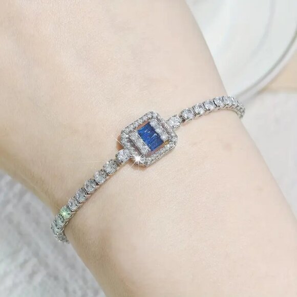 Solid Silver 1ct Blue Sapphire 2ct Diamond Tennis Bracelet Princess Cut Jewelry - Picture 3 of 7